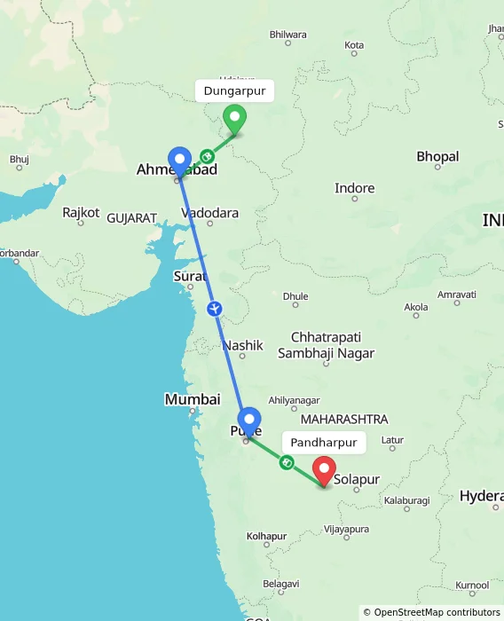 Route map showing distance and travel time from Dungarpur, India to Pandharpur, India