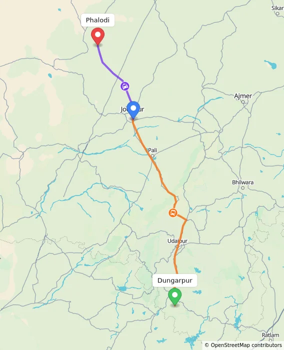 Route map showing distance and travel time from Dungarpur, India to Phalodi, India