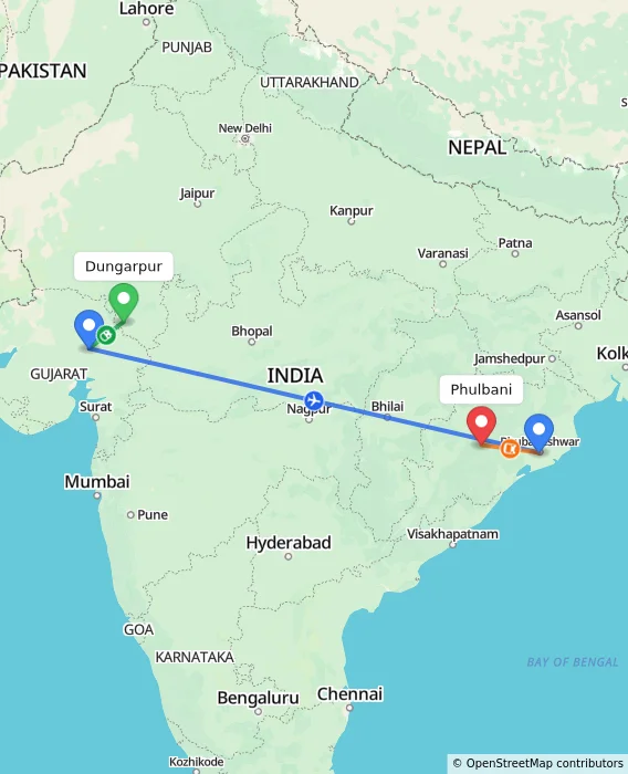 Route map showing distance and travel time from Dungarpur, India to Phulbani, India