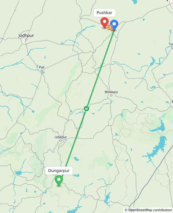 Route map showing distance and travel time from Dungarpur, India to Pushkar, India
