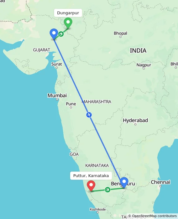 Route map showing distance and travel time from Dungarpur, India to Puttur, Karnataka, India