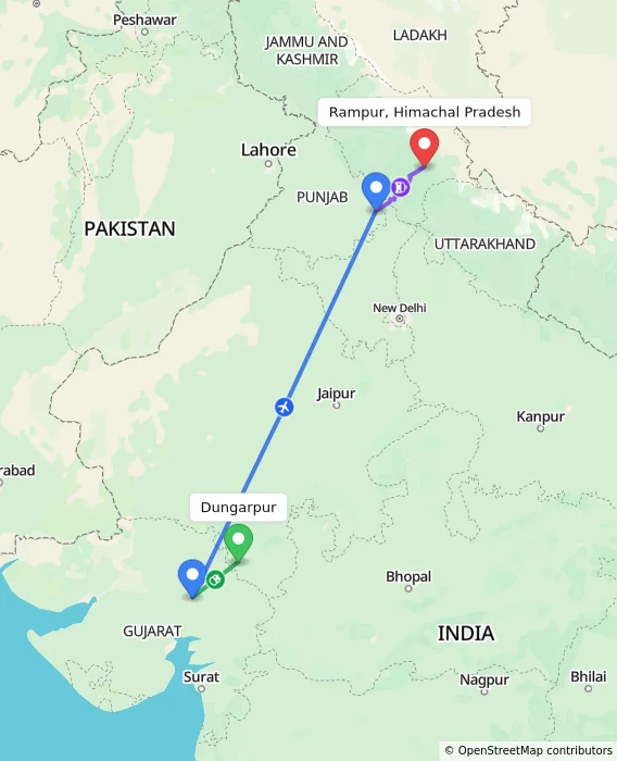 Route map showing distance and travel time from Dungarpur, India to Rampur, Himachal Pradesh, India