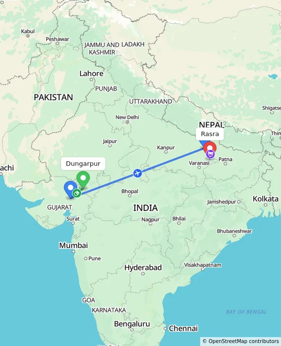 Route map showing distance and travel time from Dungarpur, India to Rasra, India