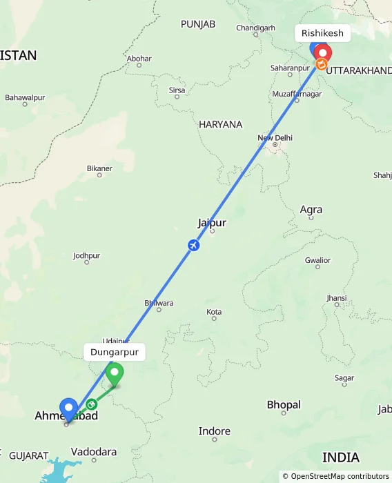 Route map showing distance and travel time from Dungarpur, India to Rishikesh, India
