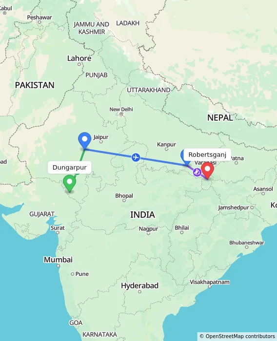 Route map showing distance and travel time from Dungarpur, India to Robertsganj, India