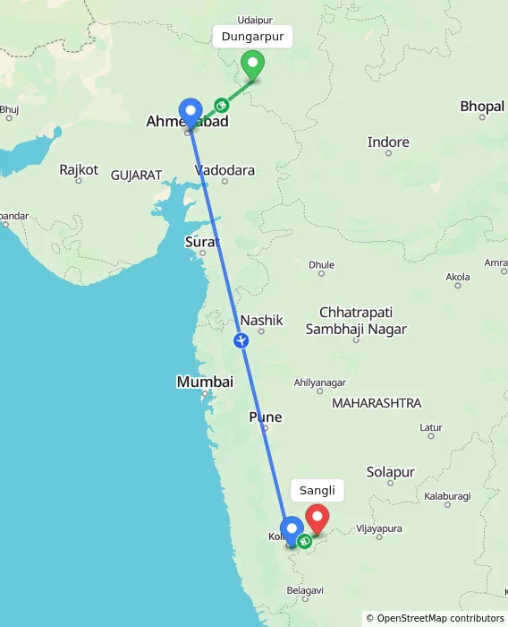 Route map showing distance and travel time from Dungarpur, India to Sangli, India