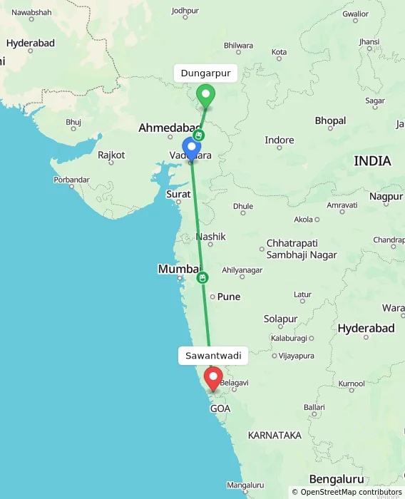 Route map showing distance and travel time from Dungarpur, India to Sawantwadi, India
