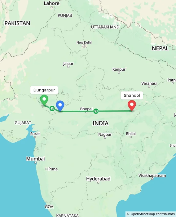 Route map showing distance and travel time from Dungarpur, India to Shahdol, India