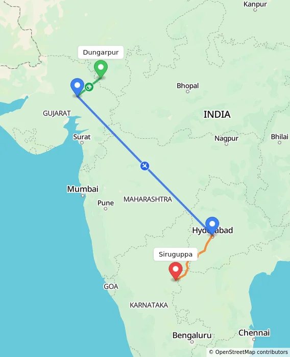 Route map showing distance and travel time from Dungarpur, India to Siruguppa, India