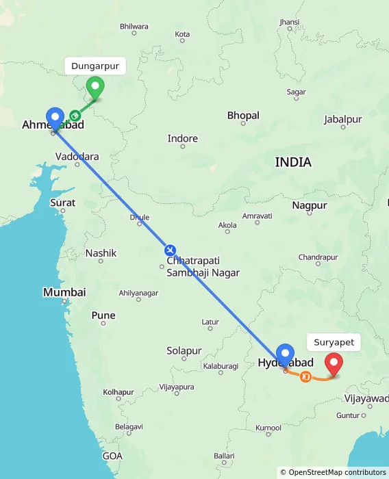 Route map showing distance and travel time from Dungarpur, India to Suryapet, India