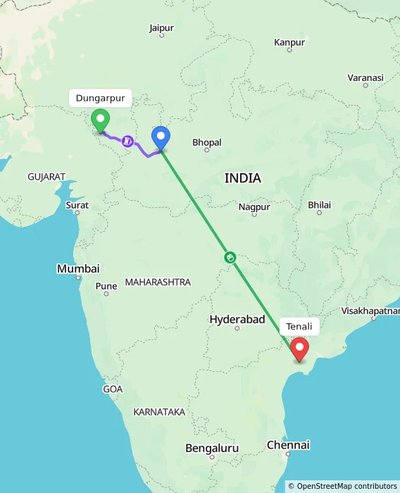 Route map showing distance and travel time from Dungarpur, India to Tenali, India