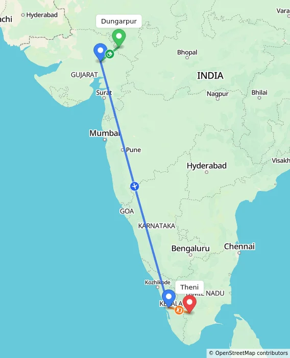 Route map showing distance and travel time from Dungarpur, India to Theni, India