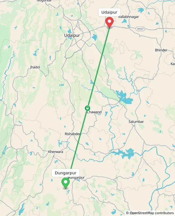 Route map showing distance and travel time from Dungarpur, India to Udaipur, India