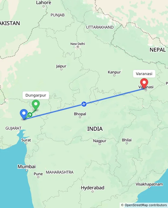 Route map showing distance and travel time from Dungarpur, India to Varanasi, India