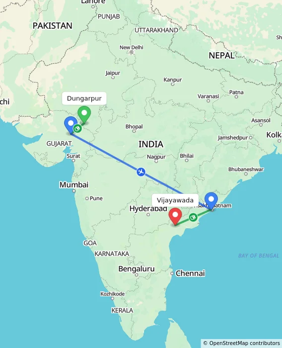 Route map showing distance and travel time from Dungarpur, India to Vijayawada, India