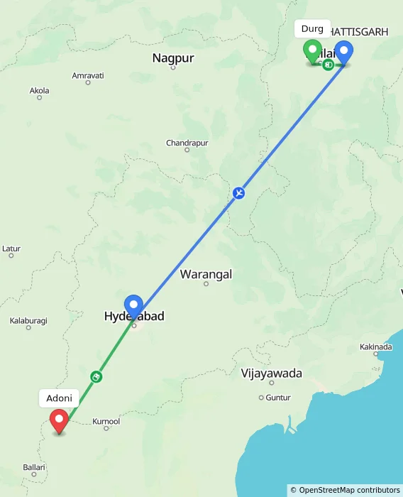 Route map showing distance and travel time from Durg, India to Adoni, India