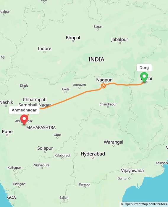 Route map showing distance and travel time from Durg, India to Ahmednagar, India
