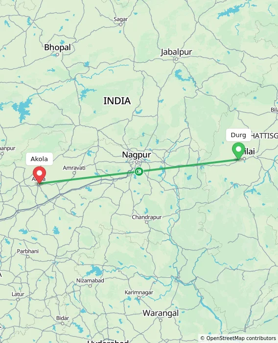 Route map showing distance and travel time from Durg, India to Akola, India