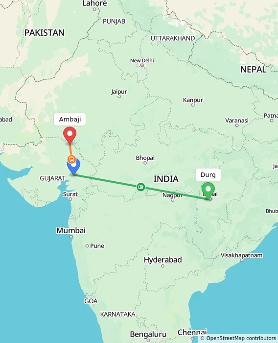 Route map showing distance and travel time from Durg, India to Ambaji, India