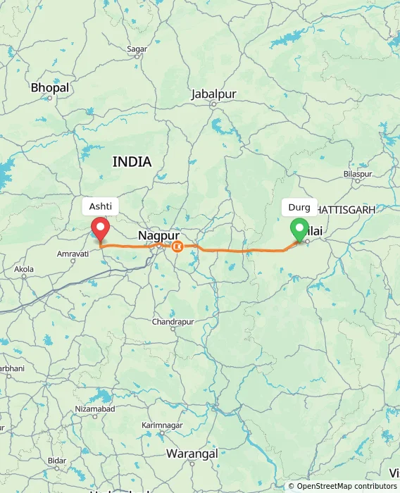 Route map showing distance and travel time from Durg, India to Ashti, India