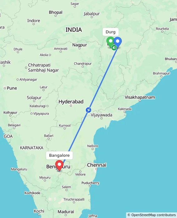 Route map showing distance and travel time from Durg, India to Bangalore, India