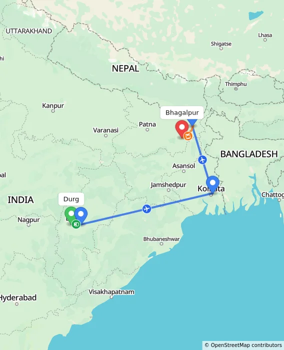 Route map showing distance and travel time from Durg, India to Bhagalpur, India