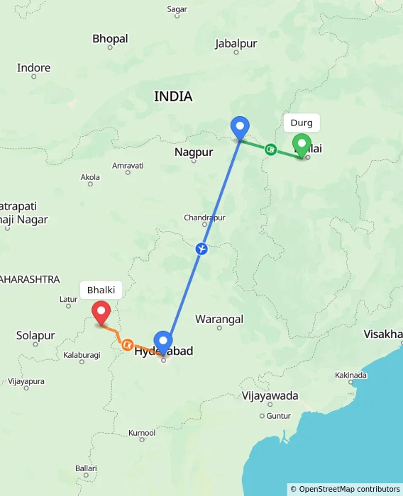 Route map showing distance and travel time from Durg, India to Bhalki, India