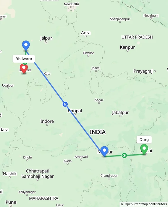 Route map showing distance and travel time from Durg, India to Bhilwara, India