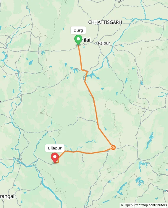 Route map showing distance and travel time from Durg, India to Bijapur, India