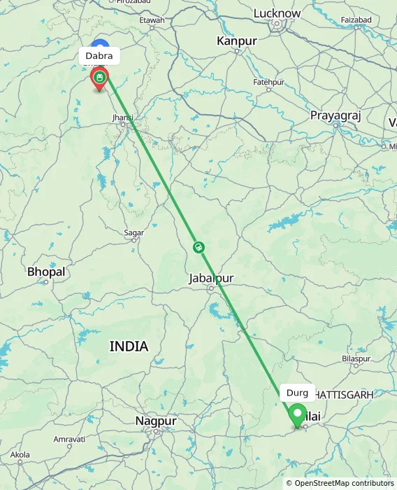 Route map showing distance and travel time from Durg, India to Dabra, India