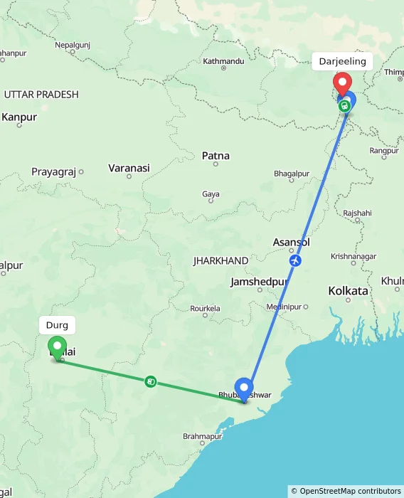 Route map showing distance and travel time from Durg, India to Darjeeling, India