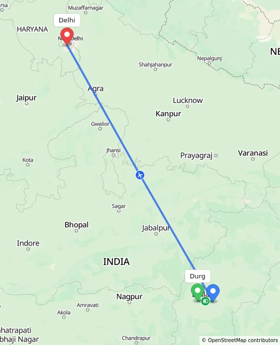 Route map showing distance and travel time from Durg, India to Delhi, India