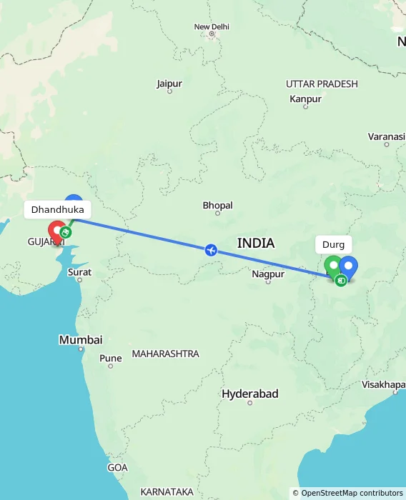 Route map showing distance and travel time from Durg, India to Dhandhuka, India