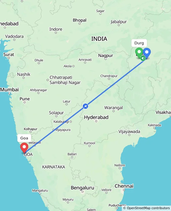 Route map showing distance and travel time from Durg, India to Goa, India