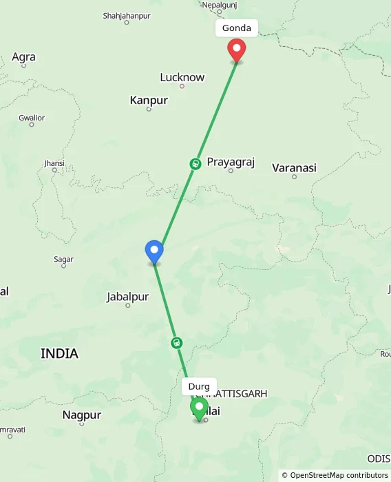 Route map showing distance and travel time from Durg, India to Gonda, India