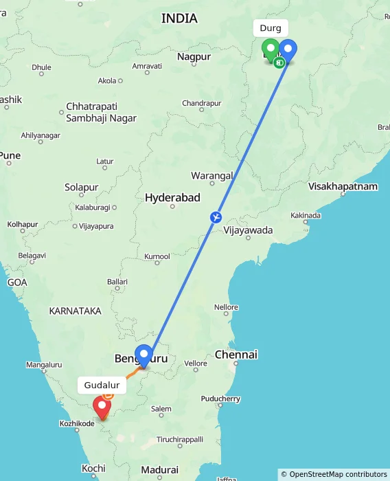 Route map showing distance and travel time from Durg, India to Gudalur, India