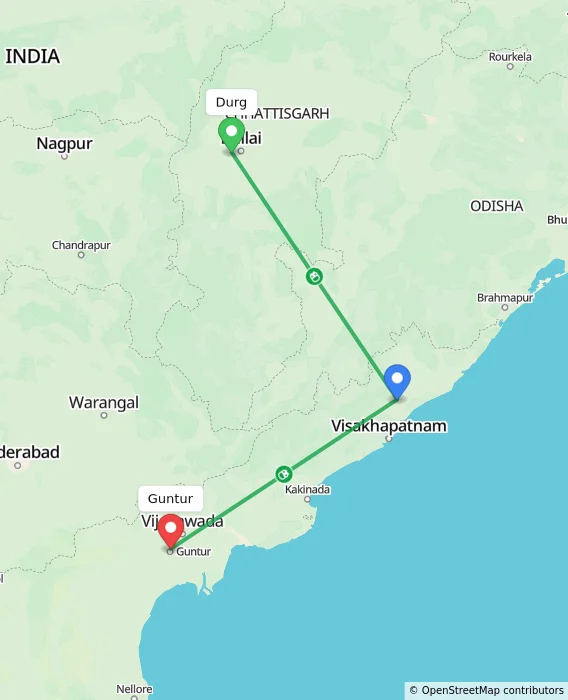 Route map showing distance and travel time from Durg, India to Guntur, India