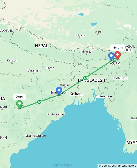 Route map showing distance and travel time from Durg, India to Helem, India