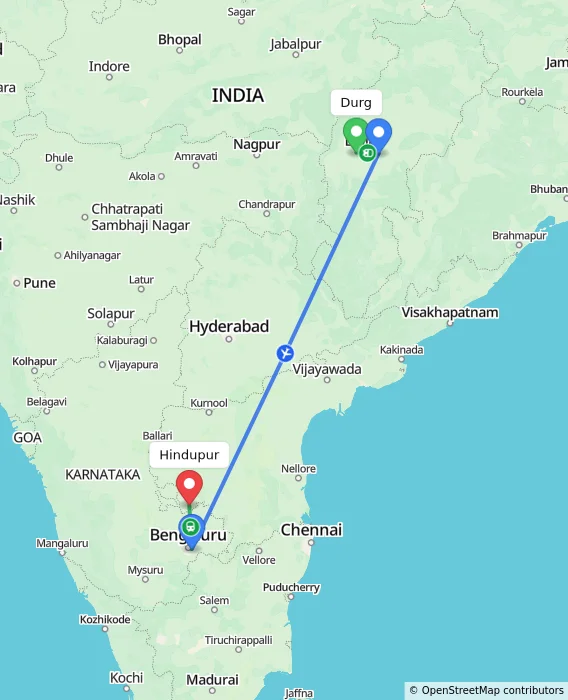 Route map showing distance and travel time from Durg, India to Hindupur, India