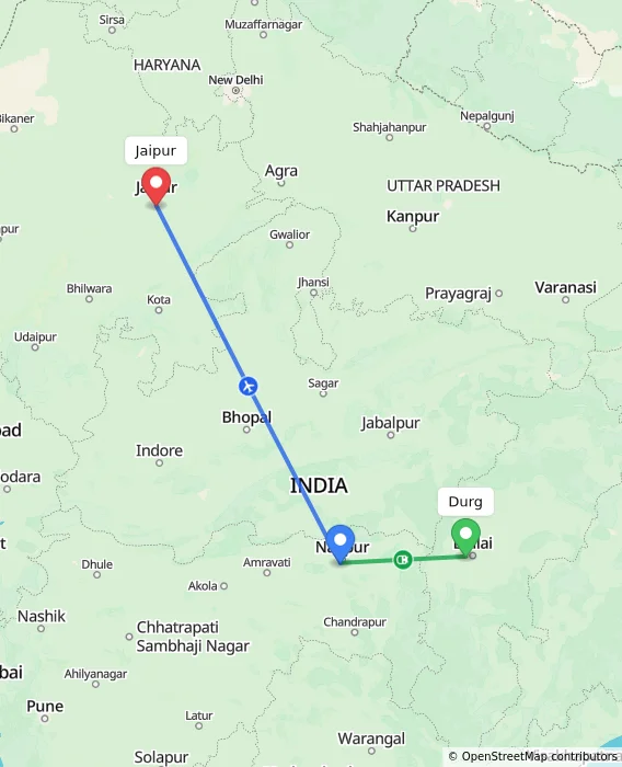 Route map showing distance and travel time from Durg, India to Jaipur, India
