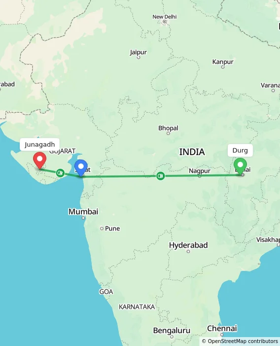 Route map showing distance and travel time from Durg, India to Junagadh, India