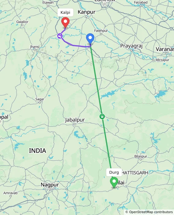 Route map showing distance and travel time from Durg, India to Kalpi, India