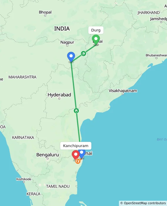 Route map showing distance and travel time from Durg, India to Kanchipuram, India