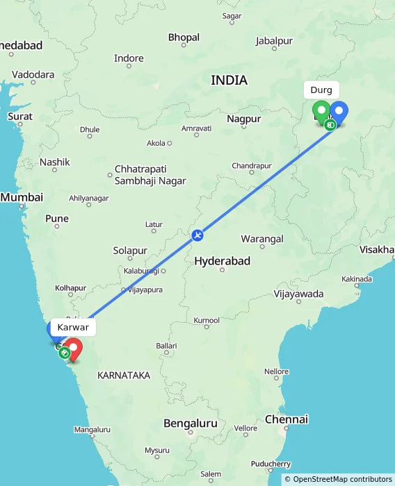Route map showing distance and travel time from Durg, India to Karwar, India