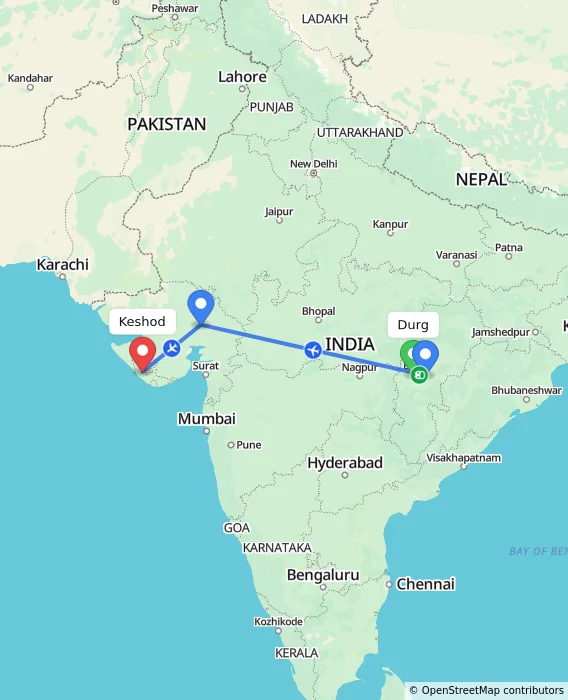 Route map showing distance and travel time from Durg, India to Keshod, India