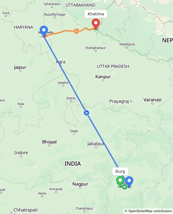 Route map showing distance and travel time from Durg, India to Khatima, India