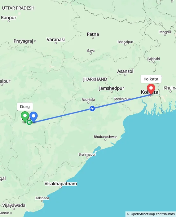 Route map showing distance and travel time from Durg, India to Kolkata, India