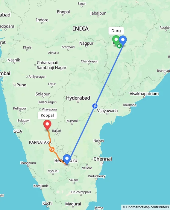 Route map showing distance and travel time from Durg, India to Koppal, India