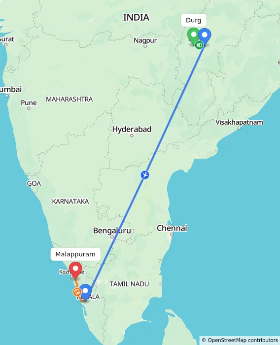 Route map showing distance and travel time from Durg, India to Malappuram, India