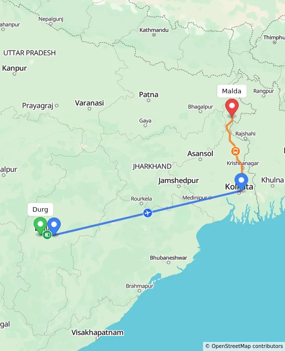 Route map showing distance and travel time from Durg, India to Malda, India